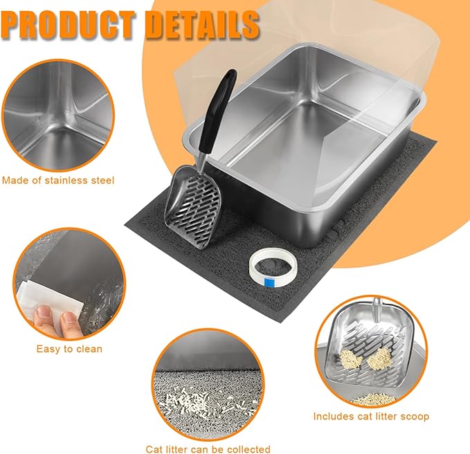 2 Sets Stainless Steel Litter Box, Metal Litter Box 17.7"x13.8"x5.9", Cat Litter Box with Plastic Shield High Sides, Cat Litter Scoops, Cat Litter Mats for Multiple Cats, Sturdy and Easy to Clean