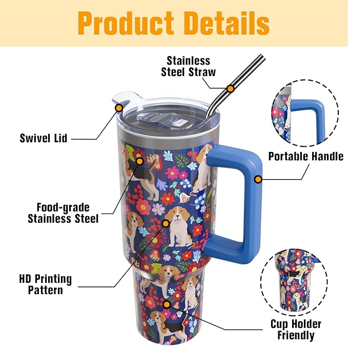 Beagle Gifts for Women Dog Lovers 40 oz Floral Beagle Tumblers with Handle and Straw, Stainless Steel Vacuum Insulated Travel Coffee Mug Cup Water Bottle