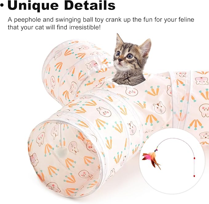 Love's cabin Cat Tunnel Tube Cat Toys 3 Way Collapsible, Cat Tunnels for Indoor Cats，Kitten Tunnel Bored Cat Play Tunnel with Peek Hole Toy Ball for Cat, Kitty, Kitten, Rabbit, Puppy Pink-Rabbit