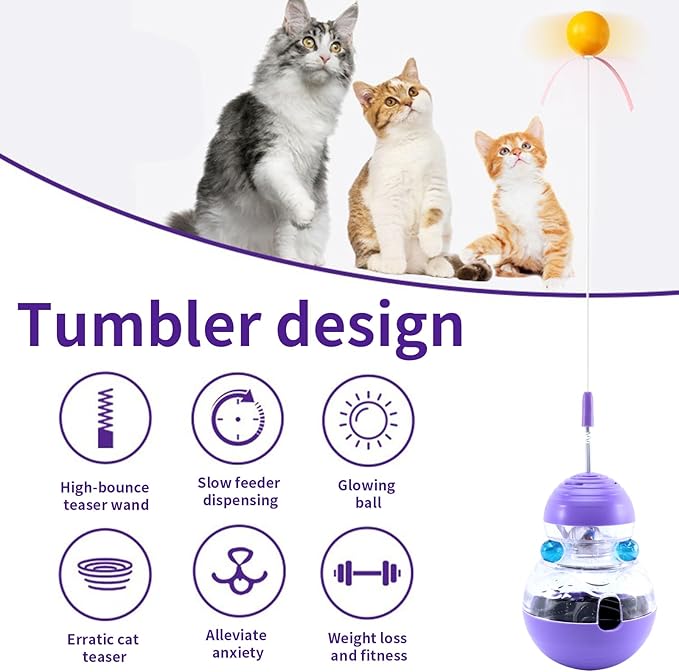 Cat Interactive Toy Indoor, Cat Treat Dispensing Toy, Slow Feeder Puzzle Toy for Cats, Food Dispensing Ball for Pets, Fun Interactive Enrichment Wand Toy for Cats