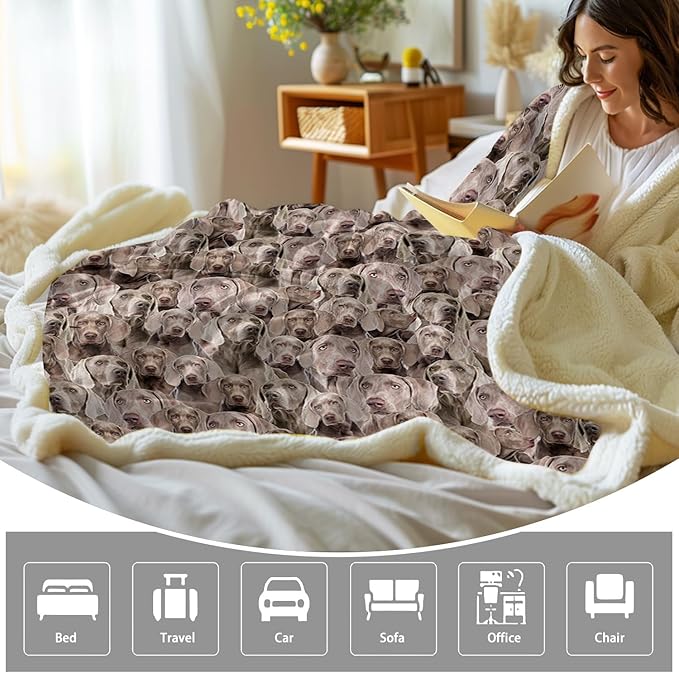 BlessLiving Weimaraner Fuzzy Dog Blanket for Kids Adults - Cute Puppy Fleece Blanket with Animal Pattern - Reversible Sherpa Couch Sofa Bed Throw (50 x 60 Inches)