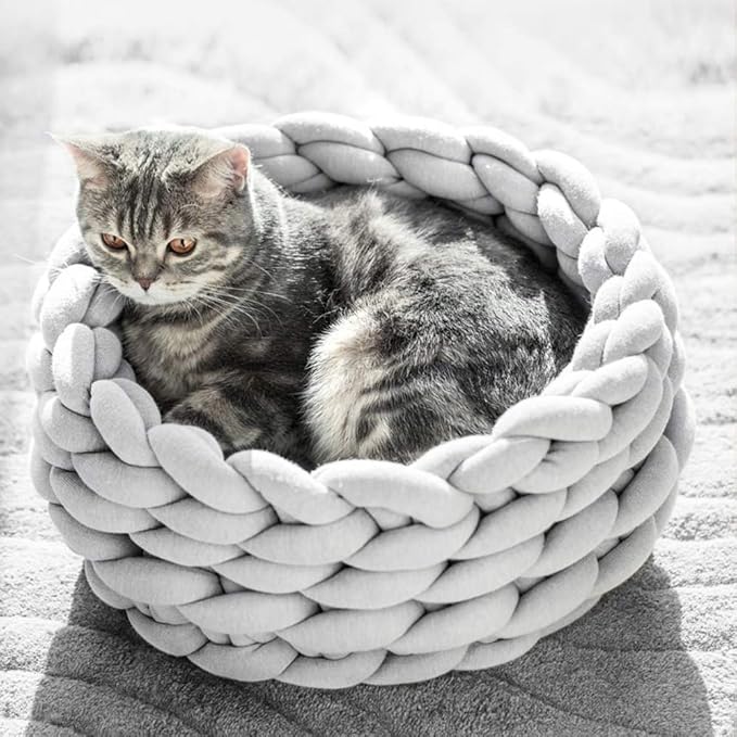Lucky Monet Cat Basket Bed Cotton Knitted Round Pet Beds for Cats Cute Boho Cat Pet Bed Warm Woven Cat Nest for Puppy Kitten Cats Dogs (19.7", Light Gray)