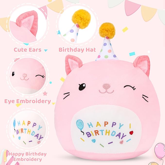 Cat Plush Toy Birthday Decor Pink Cat Plushies Pillow Cat Stuffed Animal Soft Plushie Gifts for Girlfriend Kids Girls Boys 13.7”(Large Cat Plush)