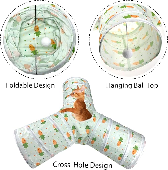 Vehomy Bunny Rabbit Tunnels Rabbit Cat 3 Way Collapsible Tunnel with Cute Carrot Patterns Small Pet Hideout Activity Tunnel Tube Toy for Bunny Kitten Cat Dwarf Guinea Pig Y Shape