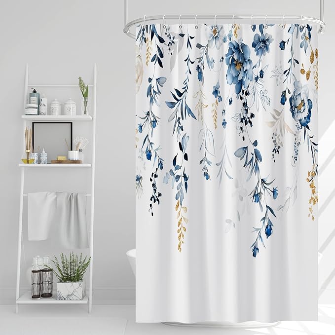 AWERT Blue Plants Shower Curtain with Hooks Watercolor Leaves Shower Curtain for Bathroom Waterproof Bathroom Accessories Bathtub Decor 36x72inch