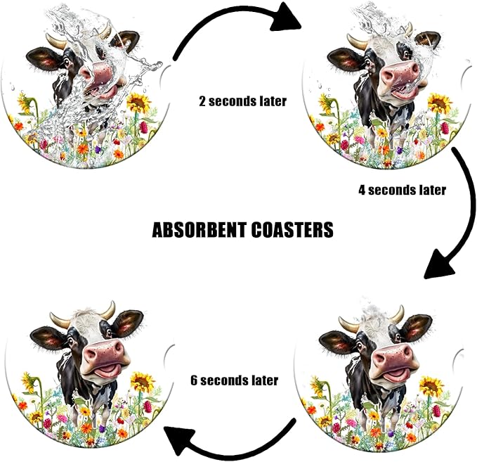Car Cup Holder Coaster - Cow Flower Absorbent Ceramic Coaster, Car Coasters for Cup Holders, Auto Accessories for Women & Men, Pack of 2