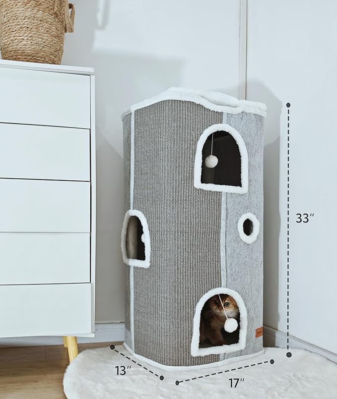 4-Level Cat House for Indoor Cats, Large Adult Cat Peekaboo Cave Bed Cats Cube Houses with Scratch Pad Cat Towers Cute Kitten Condo Hideaway Hut for Multi Pets Under 55 lbs Light Grey