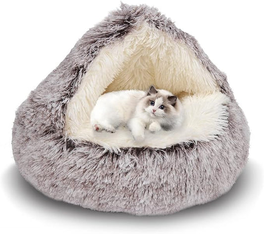 ShinHye Cat Bed Round Plush Fluffy Hooded Cat Bed Cave, Cozy for Indoor Cats or Small Dog beds, Soothing Pet Beds Doughnut Calm Anti-nxiety Dog Bed - Waterproof Bottom Washable, (23×23inch, Coffee)