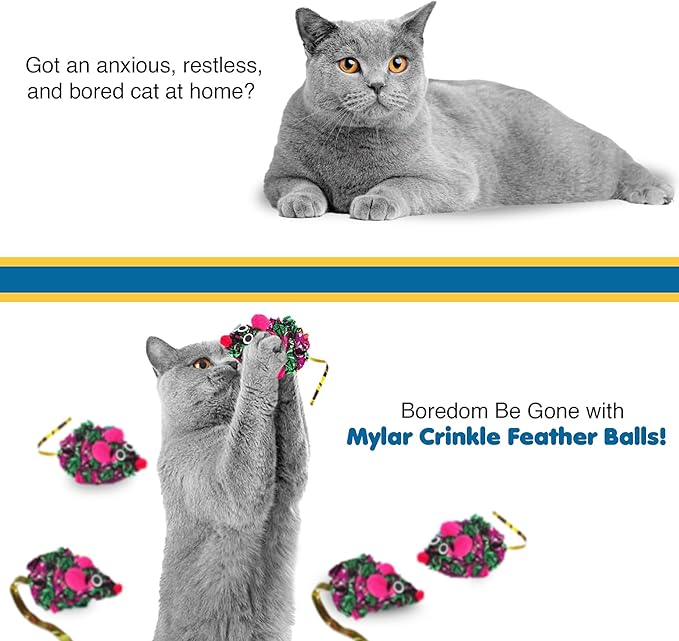 SunGrow 12 Pack Cat Crinkle Mice, 6x1.5 Inch Mice for Indoors, Keep Your Feline Energetic & Excited with Vibrant Colors, Lightweight Design for Long-Lasting Fun, Perfect for Playtime