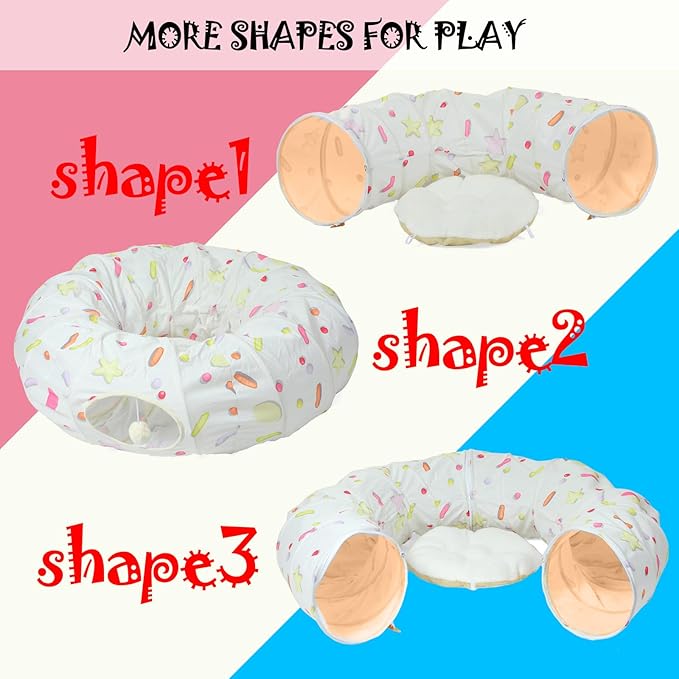LUCKITTY Large Cat Donut Tunnel, Big Cat Tunnel Bed,Fluffy Toy Balls, Small Cushion and Flexible Design- 12 inch Diameter, Great for Cats, and Small Dogs,Cream