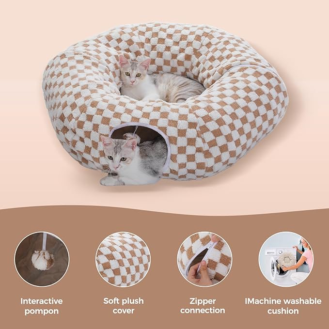 PEQULTI Cat Tunnel with Cat Bed for Indoor Cats, Cat Play Donut Tunnel with Washable Soft Plush Mat, Round Cat Tunnel Toys Cute Cat Tube for Kittens, Puppies, Rabbits and Ferrets, Brown