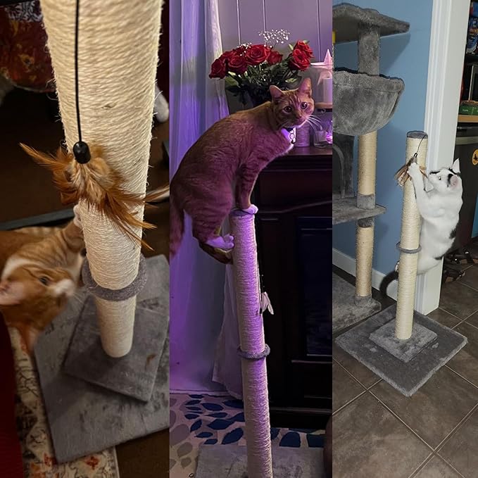 34" Tall Cat Scratching Post Double Base and Reinforcement Design,Sisal Scratch Posts Trees with Feather Toys for Indoor Cats(Gray)