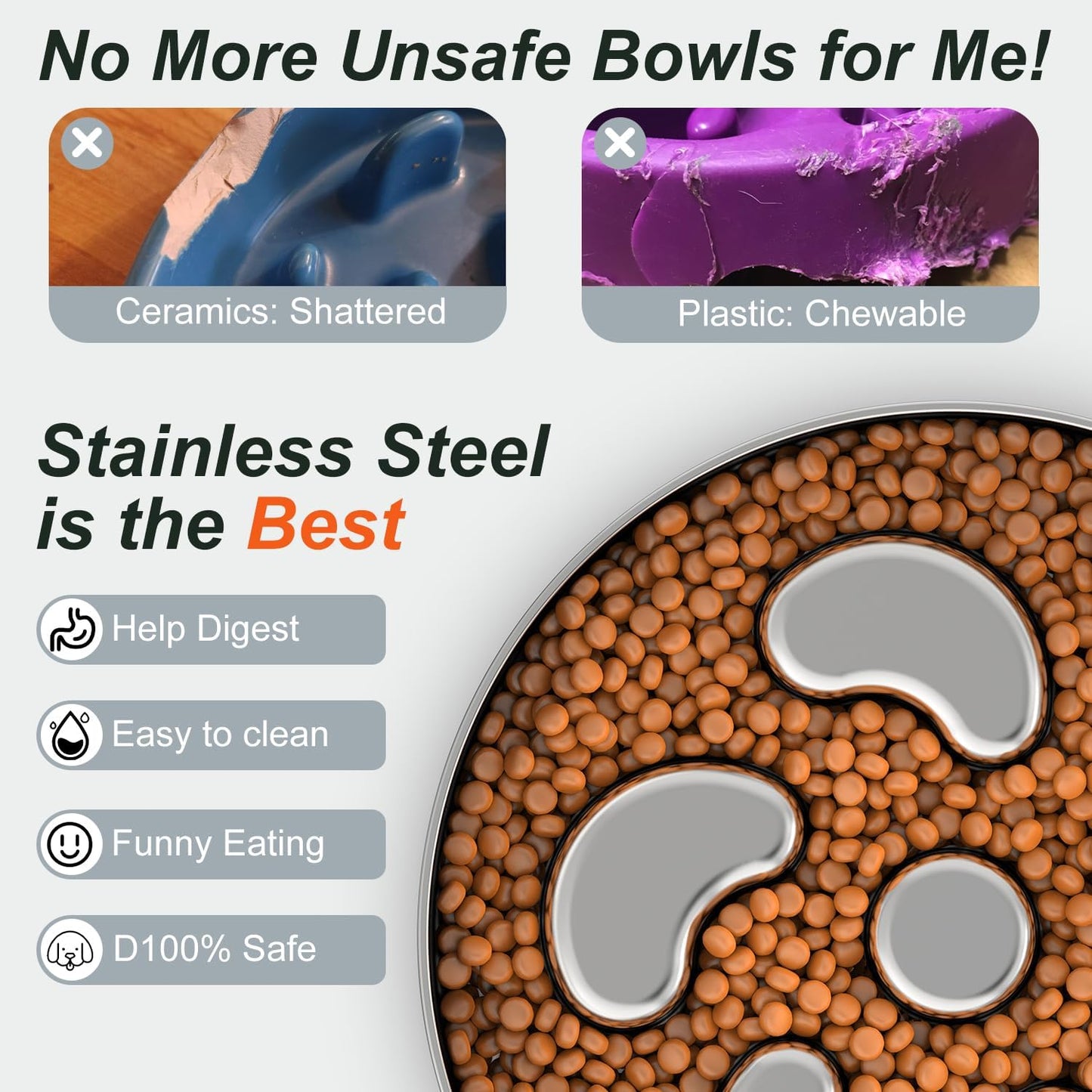 Slow Feeder Dog Bowl, Double Wall Food-Grade Stainless Steel, Heavy Duty with Non-Slip Rubber Base, 2.5Cups Capacity for Medium Large Dogs to Slow Down Eating