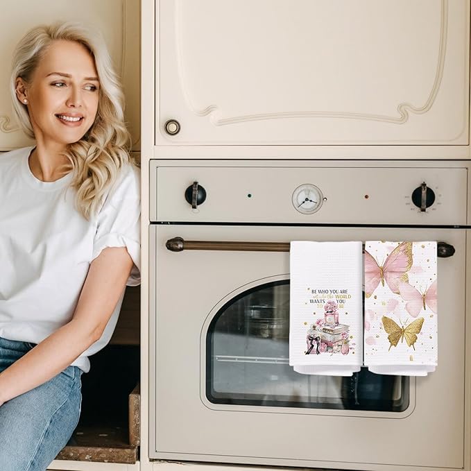 Pink and Gold Bathroom Decor Hand Towels Set of 2, Trendy Pink Fashion Floral Perfume Butterfly Decorative Hand Towels for Bathroom, Inspirational Gifts for Women, 16x24 Inch