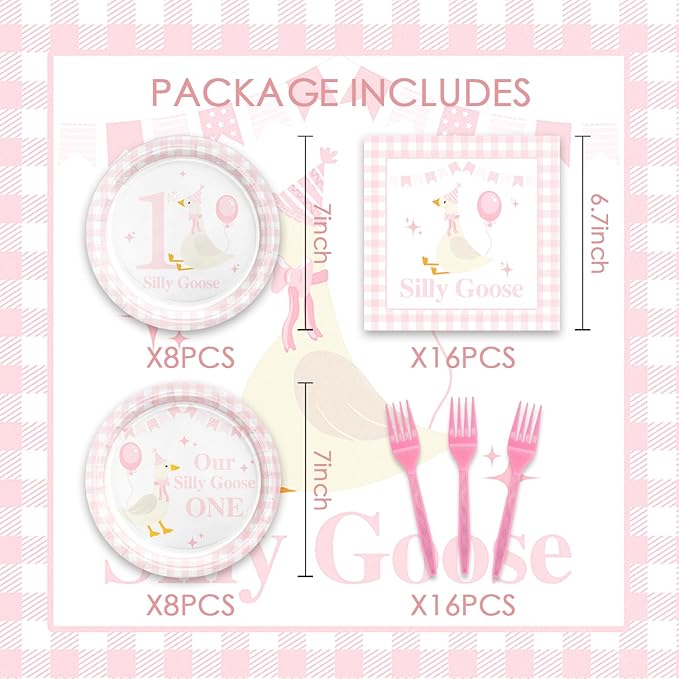 48Pcs One Silly Goose Birthday Decor Girl, Pink Silly Goose Birthday Baby Shower Party Decorations with Forks Paper Plates and Napkins Set Supplies
