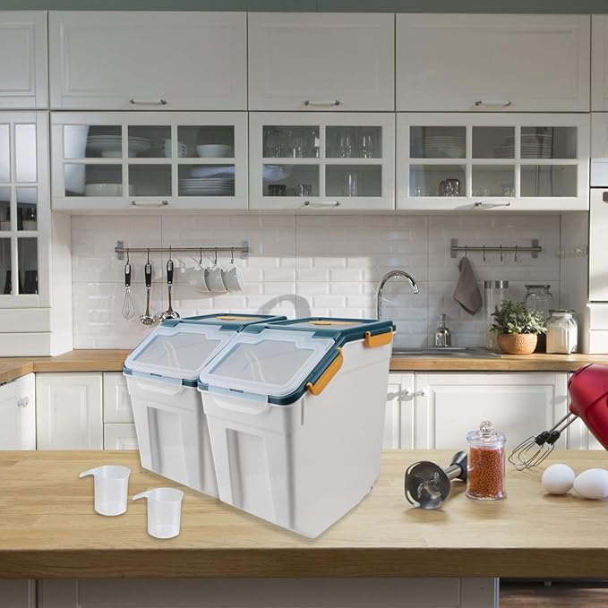 2Pcs Large Airtight Dog Food Storage Container With spoon and Measuring Cup, 15~30LB Pet Food Storage Container Bin,for Rice/Grain/Pet Food/Flour (Blue)