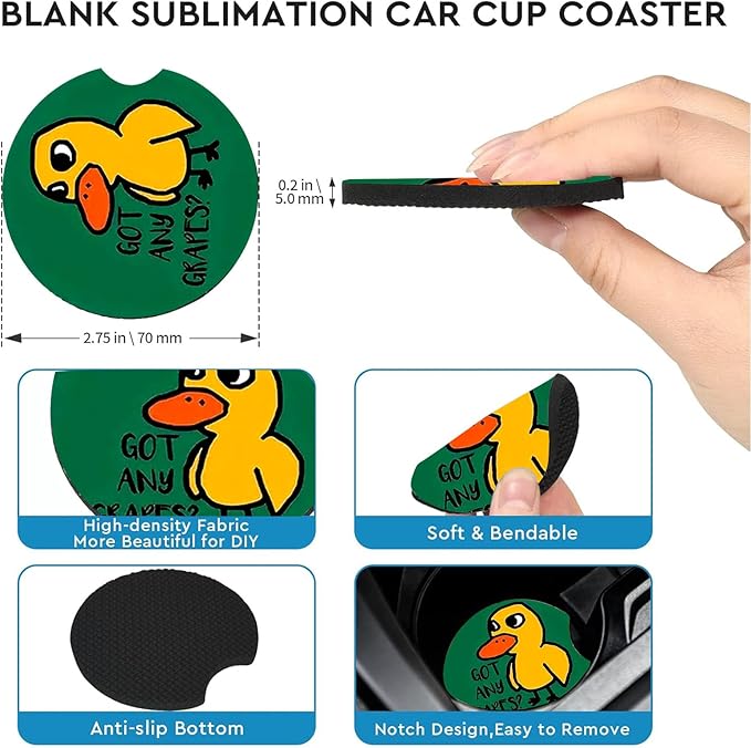 Car Coasters for Cup Holders,2 Pack Duck Got Any Grapes Car Coasters,2.75" Universal Size Anti Slip Rubber Mat,Automotive Cup Holder Decal Decor Accessories,Duck Gifts for Women,Men,Mom