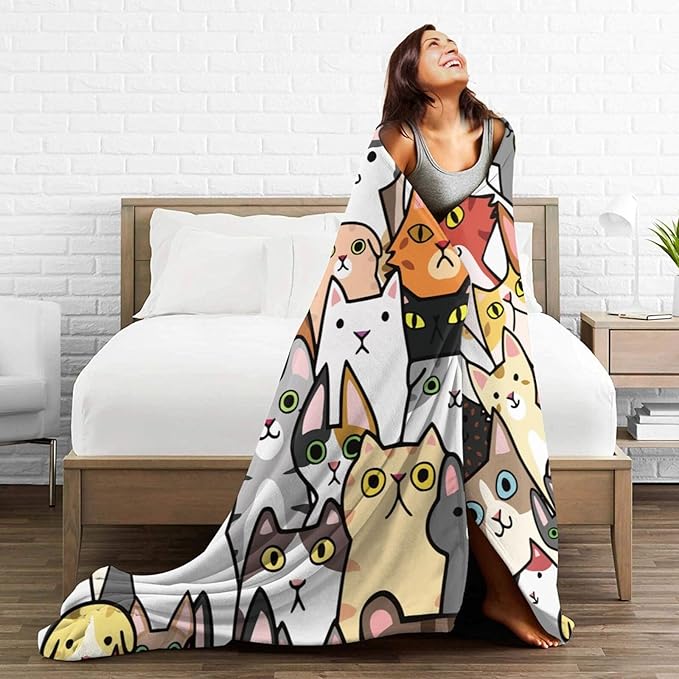 Cat Face Cute Animal Cartoon Blanket, Soft Blankets Flannel Bed Throw Cozy Lightweight Plush Gifts for Kids Boys Girls Women Men Sofa Couch Bedroom Living Rooms Warm All Season, Home Decor, 80"x60"