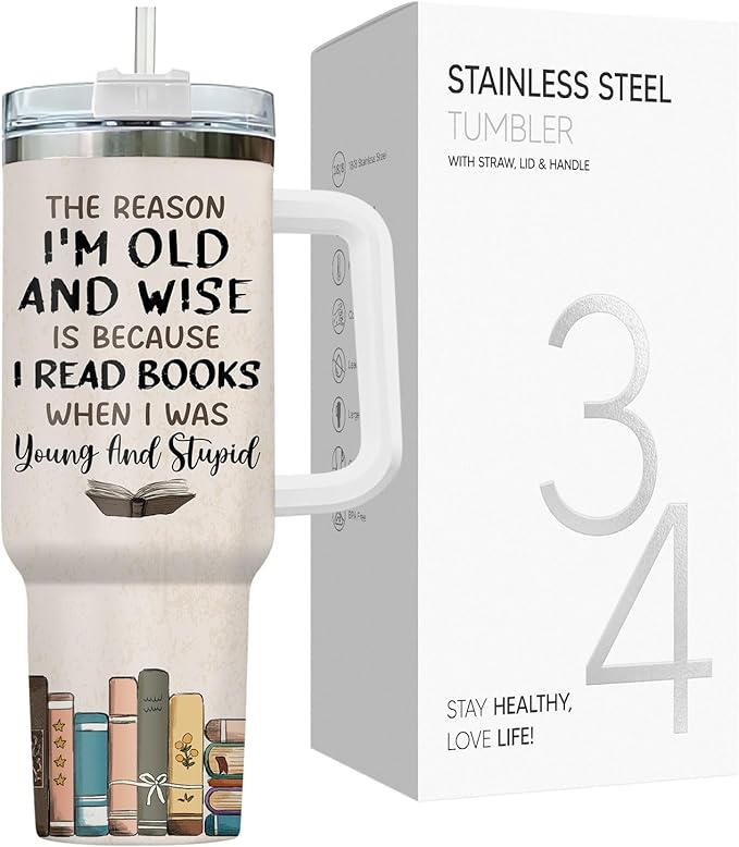 34HD Black Cat Mom Tumbler with Handle and Straw, 40oz Book Themed Cup Stainless Steel, Bookworm Coffee Mug, Cat and Book Birthday Gifts for Women Men Friends