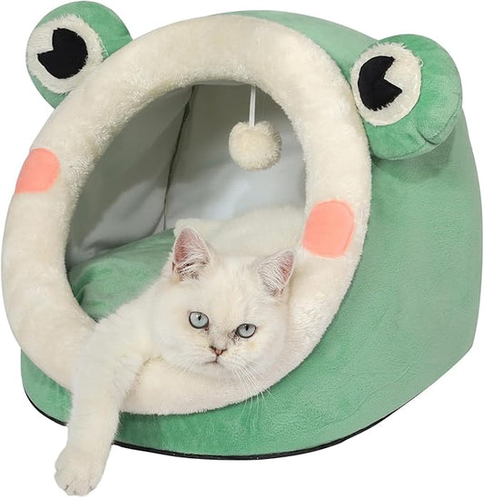 Jiupety Cute Cat Bed, Indoor Lovely Crystal Velvet Igloo for Cat and Small Dog, Warm Cave Sleeping Nest Bed for Puppy and Kitten, Green Frog, M.