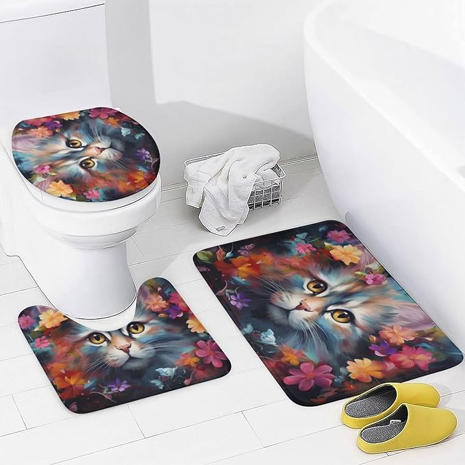 Abstract Floral Cat Shower Curtain 4 Piece Sets with Non-Slip Rugs,Toilet Lid Cover and Bath Mat Flower Cute Animal Rustic Waterproof Shower Curtain with 12 Hooks Bathroom Set Home Decor, Style-5