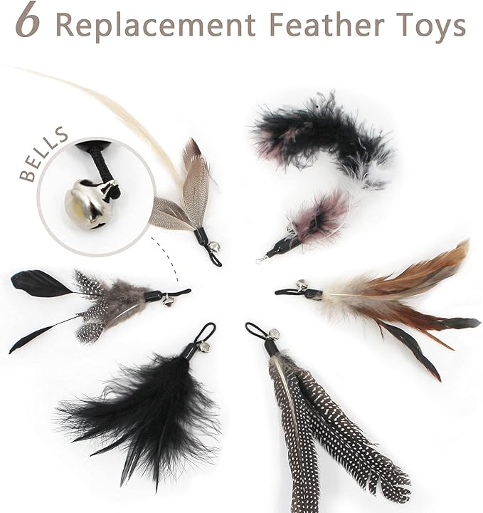 SONGWAY Interactive Cat Feather Toys - 7 Pcs Cat Toy Set, Retractable Cat Wand Toy, Teaser Refills Worm Bird Feathers with Bell, Cat Teaser Toys for Indoor Cats Kitten Play Chase Exercise, Black