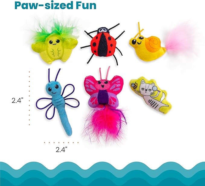 Catstages Cute As A Bug Plush Interactive Cat Toys, Bug Themed Kicker Catnip Toys with Feathers, Crinkle, Mesh, 6pk, Small, Multicolored