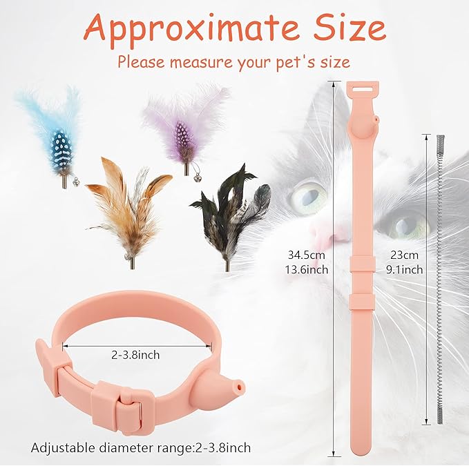 Sumind 6 Pieces Cat Feather Collar Toys Interactive Cat Feather Toy Cat Feather Wand Collar Funny Cat Stick Feather Wand Toy with Bell Replaceable Cat Collar Kitten Teaser Toy for Cat Play