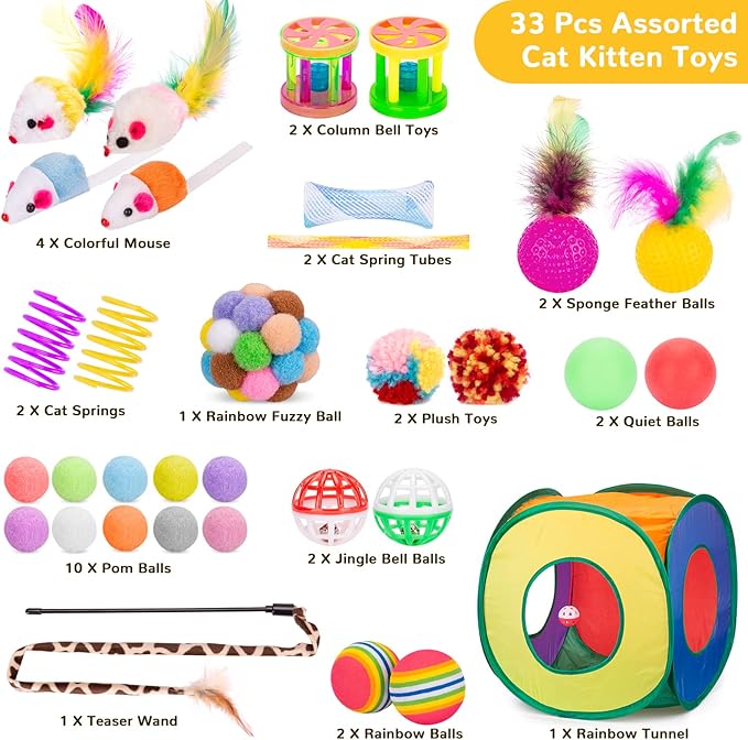 Retro Shaw Cat Toys Set 33 PCS, Interactive Cat Kitten Toys for Indoor Cats Kitty with Collapsible Cat Play Tunnel Tube Tent Cat Feather Wand Teaser Cat Bell Fuzzy Ball Springs Mouse Toys