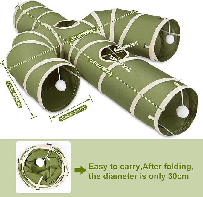 Ownpets Cat Tunnel Large 12 inch Diameter, Cactus-Shaped Cat Tunnel Toy, Sturdy Oxford Fabric Collapsible Cat Tunnels for Indoor Cats, Interactive Peek Hole Pet Tunnel Tube with Cat Wand Toy, Green
