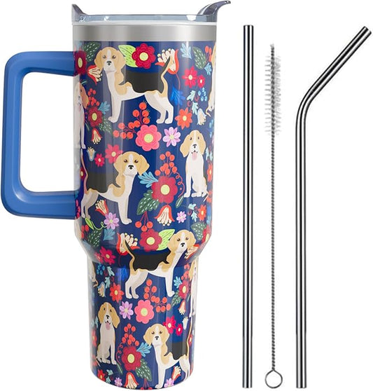 Beagle Gifts for Women Dog Lovers 40 oz Floral Beagle Tumblers with Handle and Straw, Stainless Steel Vacuum Insulated Travel Coffee Mug Cup Water Bottle