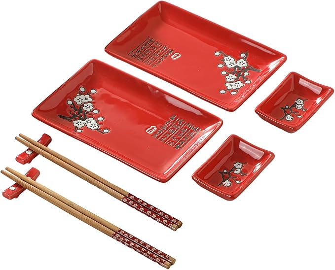 8 pcs Japanese Sushi Plate Sets Serving Platters and Trays for Entertaining Sushi Dishes Set Plates Sushi Plates Traditional Cuisine Dinnerware Sets with Chopsticks Red Plum