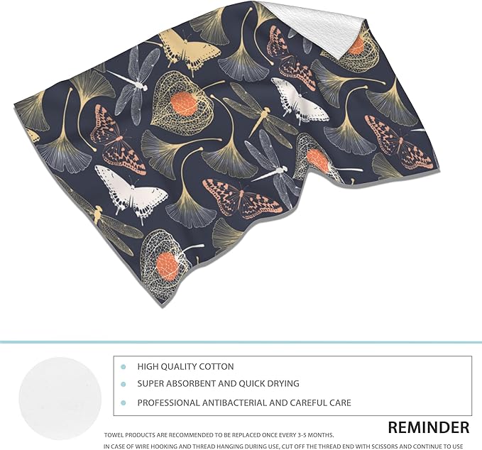 Ginkgo Leaves Hand Towels Set of 2 - Vintage Floral Fingertip Polyester Cotton Soft Bath Towels for Bathroom, Kitchen, Hotel, Spa - 14"X28"