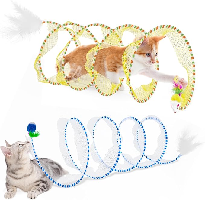 2 Pcs Cat Tunnels for Indoor Cats - S Type Foldable Cat Spiral Tunnel Toy, Decompression Interactive Self-Play Cat Hunting Spiral Tunnel Toy with Ribbon Bell Feather Balls Blue, Blue+Yellow