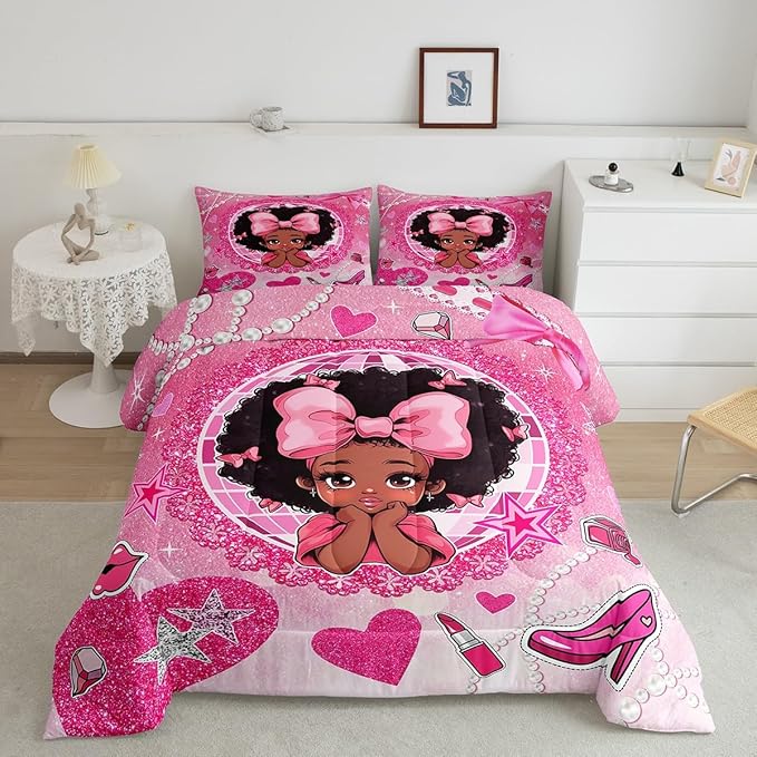 Black Princess Girly Comforter Set Queen Size,High-heeled Shoes Lip Bowknot Diamond Bedding Set,Girls Women Room Decor,African American Girls Down Comforter,Pink Cute Duvet Insert,2 Pillowcases