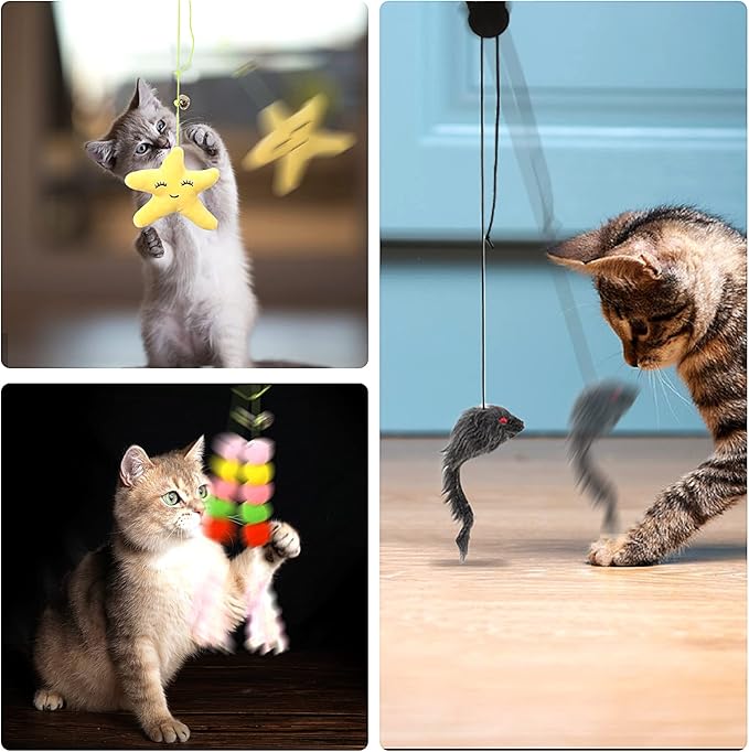 Cat Toys,Mice Toys for Indoor Cats,3 Pack Hanging Door Cat Toys with Tassel,Retractable Cat Toy with Rope Mouse Starfish Caterpillar,Interactive Cat Teaser Toy for Indoor Kitten Play Chase Exercise