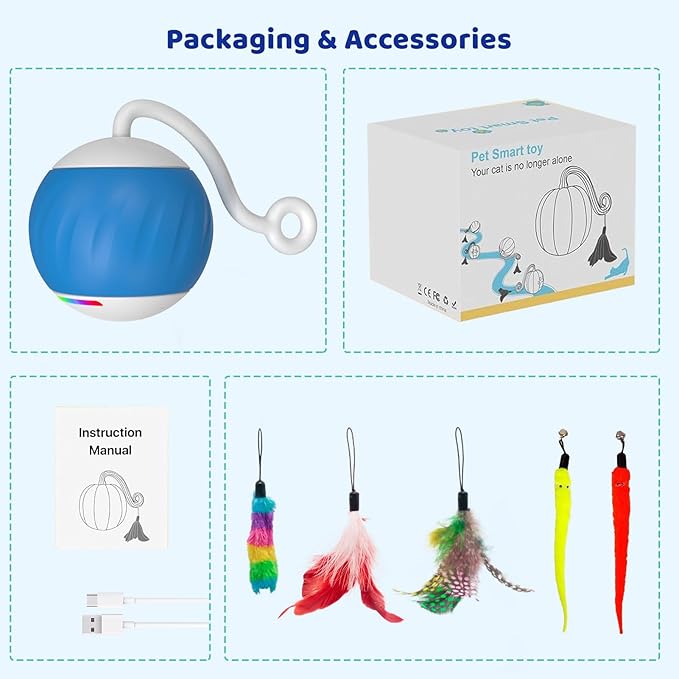 Interactive Cat Toys for Indoor Cats, DIY 5 in 1 Automatic Moving Cat Ball Toys/Puppies Toys with LED Rainbow Lights, Smart Sounds&Touch Control Cat Toys,USB Rechargeable (Blue)