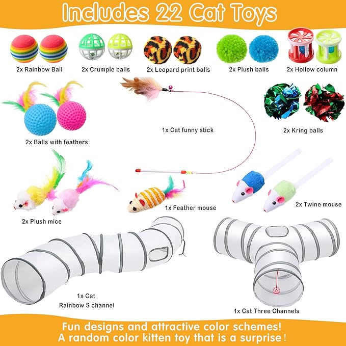 Poen 22pcs Cat Toys Kitten Toys Set with 2 Collapsible Cat Tunnel Toy and 20 Interactive Kitty Toys Cat Feather Toy, Fluffy Mouse, Crinkle Balls, for Cat Kitten Puppy (White)