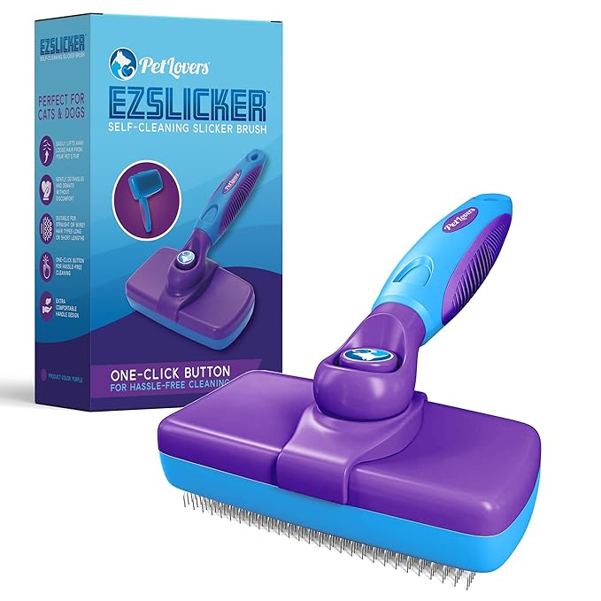 PetLovers EzSlicker Self-Cleaning Brush - Dog Brush for Shedding, Gentle Slicker Brush for Cats, Tangle-Free Grooming Comb with Soft Bristles & Ergonomic Handle for Stress-Free Grooming (Purple)