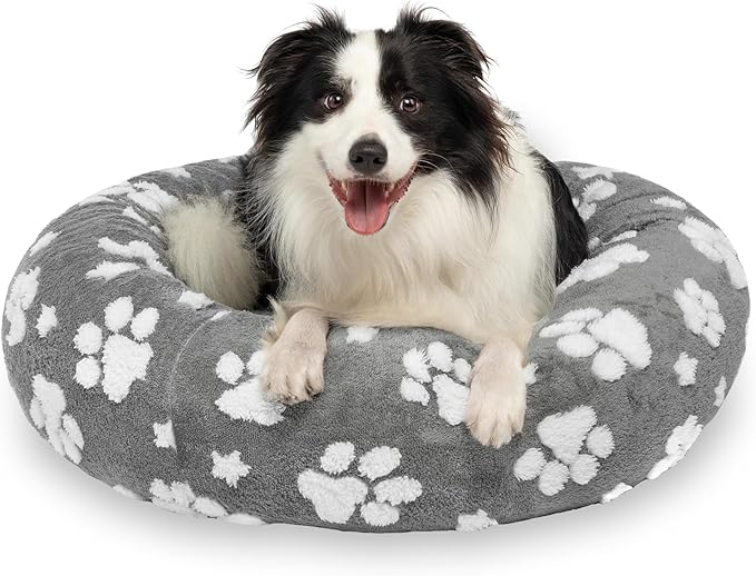 Donut Dog Beds for Medium Dogs, Calming Round Cat Beds for Indoor Cats, Cute 3D Textured Paw Pet Bed with Removable Washable Cover and Anti-Slip Bottom（Grey，30"）