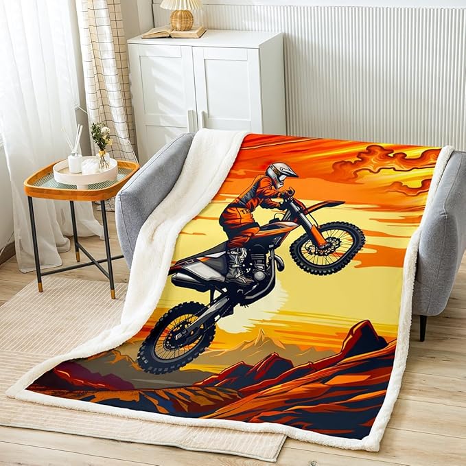 Feelyou Motocross Rider Fleece Blanket for Bed Sofa Extreme Sports Theme Sherpa Throw Blanket Motorcycle Pattern Plush Blanket Room Decor Dirt Bike Yellow Black Fuzzy Blanket Twin 60"x80"