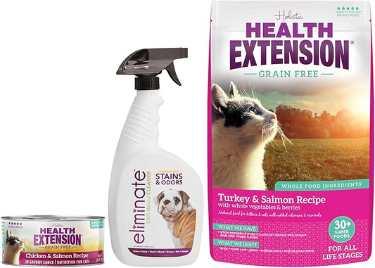 Health Extension Cat Health and Maintenance Bundle - Enzymatic Stain & Odor Remover (32 Oz), Wet Cat Food Canned Chicken & Salmon Recipe (2.8oz), Dry Cat Food Turkey & Salmon Recipe (15 Lbs)