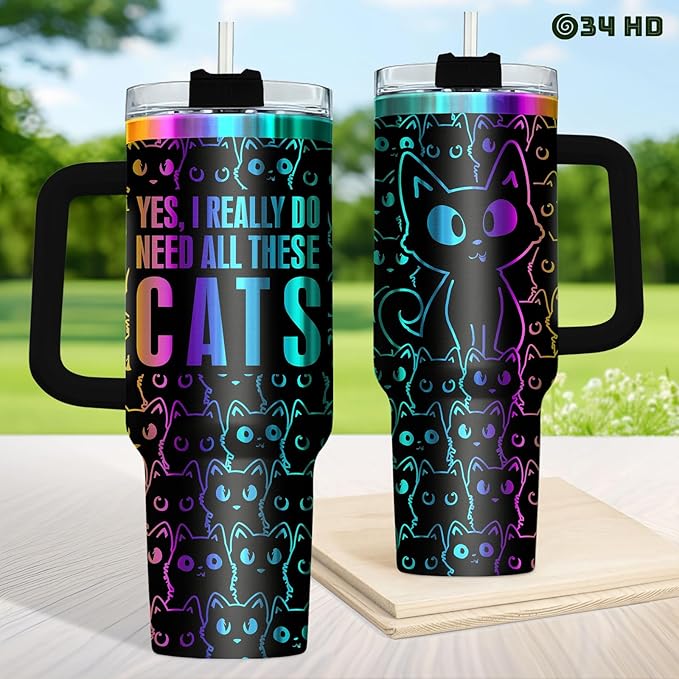 34HD Laser Engrave Black Cat Tumbler with Handle & Straw, 40oz Yes I Do Really Need All These Cats Cup, Cat Lover Gifts for Women Birthday Mother Day Father Day Christmas