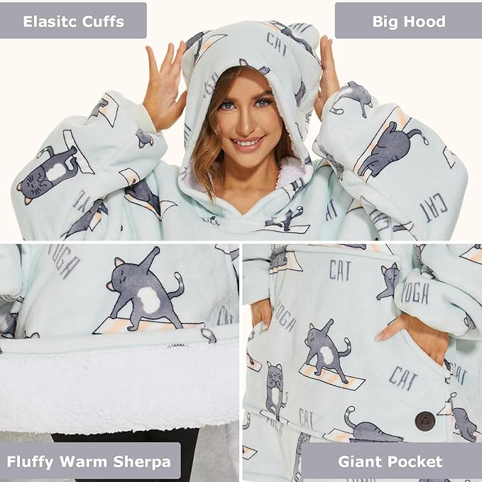 THREE POODLE Wearable Blanket Hoodie for Women, Oversized Sherpa Sweatshirt Blanket for Adults Men, Warm Cozy Cat Hooded Blanket, Gifts for Mom Girlfriend Sister