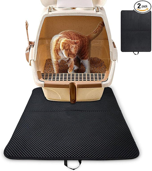 2 Pack Double Layer Cat Litter Mat with Handle, Fodable Kitty Trapping Litter Box Mat, Honeycomb Cat Mats for Litter Floor, Non-Slip Pet Cat Litter Trap Mat Rug Catcher (24" x 15")