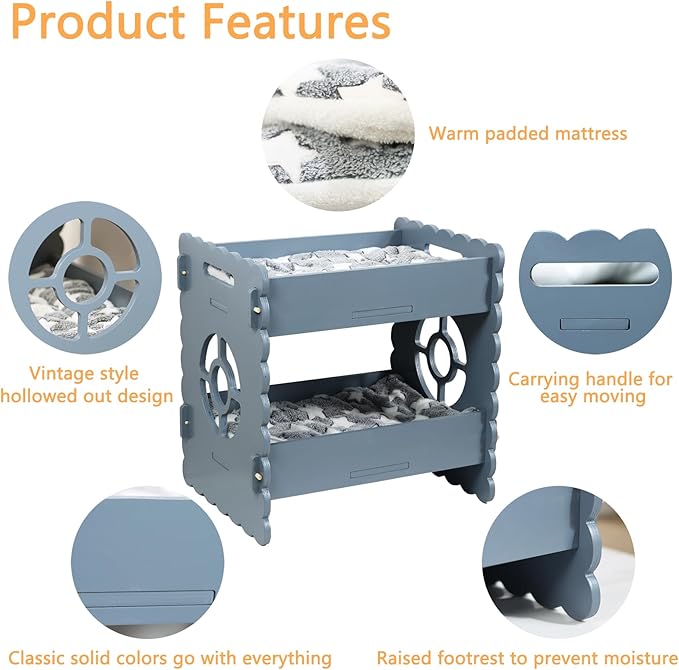 Wooden Cat Bed,Elevated Cat Bed Furniture,Cat Bunk Beds for 2 Indoor Cats,Modern Cat Condo with Matress,Protect Cat's Hip Joint for All Seasons,Easy to Assemble(19.7“x15 x19.2,Grey)