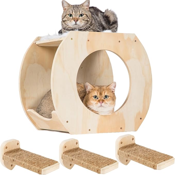 Cat Wall Shelves Cat Wall Furniture, Cat Shelf with 3 Cat Wall Steps,Cat Shelves for Wall Large Cats Set,Cat Wall Bed with Plush Covered, Wall Mounted Cat Climbing Shelf for Indoor Cats