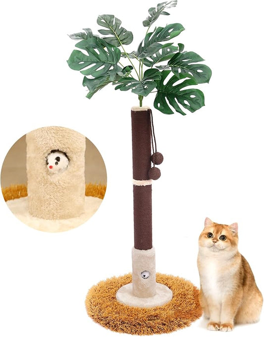 Cat Scratching Posts Cat Trees 35.43" Tall with Sisal Rope Cat Toy and Hanging Ball for Indoor,Wooden Palm Tree Cat Scratch Pole for All Cat (Brown)