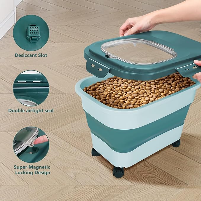 2 PCS Dog Food Storage Containers 15-20 Lbs Collapsible Dog Food Storage Container - with Measuring Cup &Scoop(Green+Green)