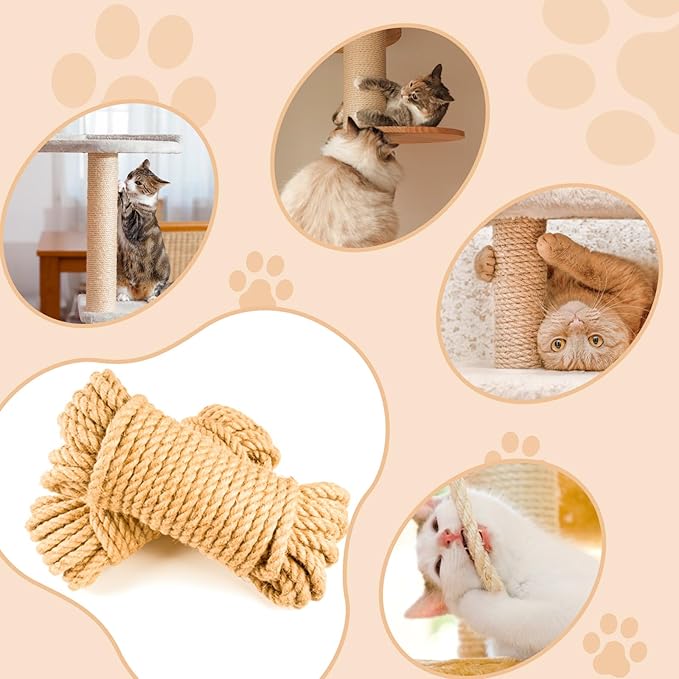 Cat Scratcher Replacement Rope - KDAOQN 1/4 inch Natural Hemp Rope, Rope for Cat Scratching Post, Cat Tower Repair Rope Cat Tree Rope Replacement, Odorless Jute Twine Rope (33FT)